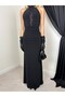 Women's Black Dress Halter Neck Lace Detailed Draped Backless Maxi Evening Dress - 4