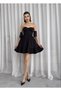 Women's Black Mini Dress with Heart Collar, Shoulder Tie, Flared Skirt and Ruffles - 3
