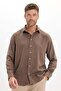 Men's Relax Fit Comfortable Cut Long Sleeve Self-Patterned Viscose Fabric Ribbed Brown Shirt