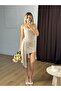 Women's Beige Thin Straps Square Neck Gathered Appliqué Asymmetrical Mini Dress - 3