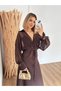 Women's Coffee Color Long Double-Breasted Collar Lace-Up Waist Detailed Chiffon Sleeves Flared Dress - 3