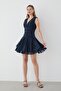 Navy Blue V-Neck Stoned Draped Mini Evening Dress - 4