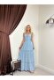 Women's Blue Maxi Dress with Square Collar, Gipeli Straps, Ruffles and Layered Skirt