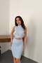 Women's Blue Skirt Suit, High Neck, Sleeveless, Crop Top, Tie Detail, Ribbed Knitted - 3