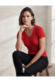 Women's Red V-Neck Ribbed Short Sleeve Knitwear Blouse Casual Stylish Basic Top - 2