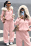 Muchi Pink Furry Hooded Comfortable Fit Premium 3 Thread Thick Sweatshirt Tracksuit Set with Kangaroo Pocket