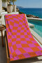 Pink Orange Wavy Checkered Patterned 70X150 Beach Towel - Digital Printed Bath Towel