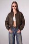 Oversize Bomber Coated Zippered Double-Pocket Ribbed Light Brown Leather Jacket - 6