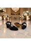 7012 Black Glittery Stone Thick Square Heel Evening Dress Stiletto Shoes - 8
