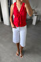 V-Neck Ruffled Blouse - Red - 2