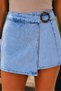 Women's 100% Cotton High Waist Belted Asymmetrical Cut Casual Blue Denim Jeans Shorts Skirt - 2