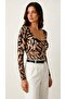 Women's Brown Patterned Round Neck Long Sleeve Viscose Blouse - 2