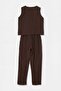 Brown Crew Neck Sleeveless Pants Comfortable Fit Top and Bottom Set Tdrss26Au00052 - 5