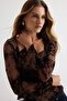 Kahverengi Çiçekli Fitted/Vücuda Oturan Kare Yaka İspanyol Kol Tül Örme Bluz TWOAW27BZ00081 - 3