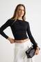 Black Plain Fitted Gathered Crew Neck Long Sleeve Sandy Knitted Blouse Twoaw27Bz00008