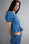 Mavi Balon Kollu Düğme Detaylı Peplum Denim Bluz TWOAW27BZ00037 - 2