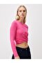Pink Long Sleeve Crew Neck Crop Blouse - 3