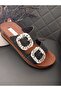 Women's Black Filled Heels Ortopedic Stitched Sole Stone Slippers