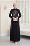 Clover Stone Patterned Stand Collar Crepe Evening Dress - Black - 5