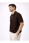 Men's Brown Ottoman Fabric Zippered Polo Collar T-Shirt Daily Comfortable Summer Wear - 2