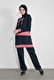 Women's Navy Blue K Hooded Two-Color Double Tracksuit Set 2708