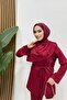 طقم ملابس إسلامية من قماش السكوبا مع ياقة وحزام، مكون من قطعتين - 3
