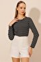 Women's Fitted Crew Neck Striped Long Sleeve Blouse - 2