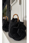 Large Rose and Stone Straw Shoulder Bag Black Color (32X32Cm) - 5