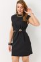 Women's black mini dress with gold buckle and waist window detail - 3