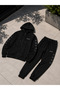 Men's Black Winter Cotton Print Detailed Tracksuit Set - 2