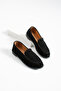 Women's Genuine Leather Oval Toe Moccasin Stitched Drawstring Loafer Casual Shoes Naty Black Suede