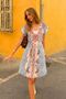 Women's Turquoise Front Back V Neck Belted Patterned Dress Arm-25Y 001018