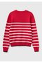 Women's Red 100% Cotton Front Embroidered Striped Crew Neck Sweater - 2