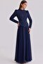 Exclusive Hijab Evening Dress with Bead and Sequin Patterned Chiffon Combination Dark Blue 1073 - 3