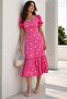 Pink Floral Patterned Balloon Sleeve Midi Dress Mg1820