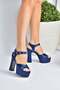 Navy Blue Satin Fabric Platform Heeled Women's Evening Dress Shoes M348202404