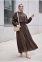 Lined Belted Tulle Modal Dress with Cape Collar Detail -Brown - 3