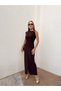 Buketli̇ Women's Draped Long Pencil Dress with Buckle Detail at Waist and Collar and Slit - 5