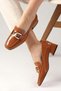 Carolyn Tan Color Patent Leather Women's Short Heeled Shoes with Blunt Toe Buckle Accessories