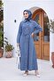 Shirt Collar Belted Half Buttoned Long Denim Dress - Ice Blue - 3