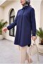Oval Cut Long Shirt with Hidden Buttons - Dark Blue - 5