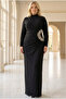 Pile Detailed Stone Embroidered Lined Plus Size Hijab Evening Dress Black Tbsmda2648 - 5
