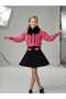 Girl's Gold Button Detailed Knitwear Cardigan Ornamental Pocket Black Skirt Mobile Collar Fur 3-Piece Set - 4