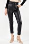 Women Solid Leather Belted Pants, Black