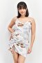 Women Sleeveless Printed Ruched Mini Dress, Light Grey Combo