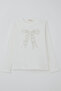 Girl's Long Sleeve T-Shirt with Pearls and Sequin Bow Embroidery, Ages 9-14, White - 3