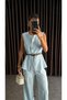 Gold Button Detailed Sleeveless Vest and Pants Set with Belt Accessory - 5