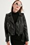 Women's Black Zip Detail Leather Jacket - 2