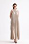 Halter neck pleated digital printed sleeveless satin dress |   Elb34513 beige - 6