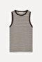 Women's Brown Fitted Striped Crew Neck Sleeveless T-Shirt